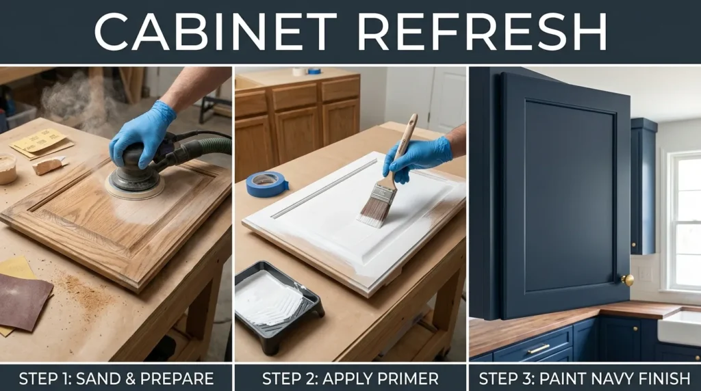 Cabinet refresh in three steps: sanding a cabinet door, applying primer, and finished navy cabinets