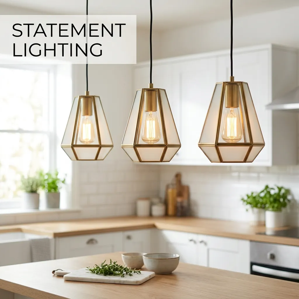 pendant lights hanging over a small kitchen island