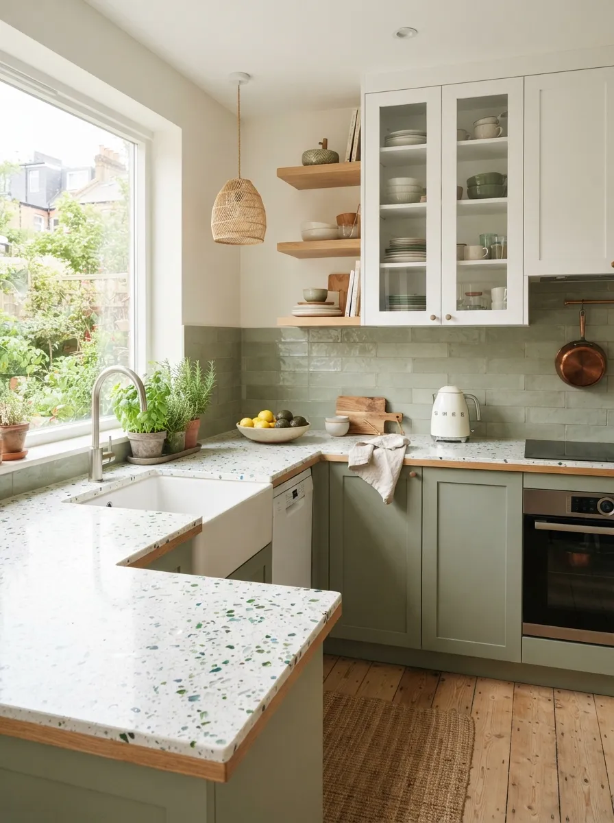 recycled glass countertop finish detail in small kitchen