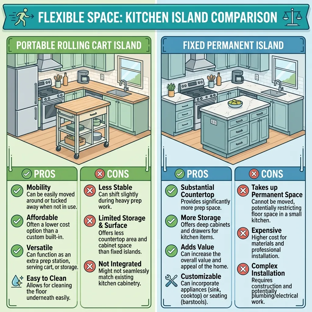 comparison of rolling cart versus permanent island in a small kitchen