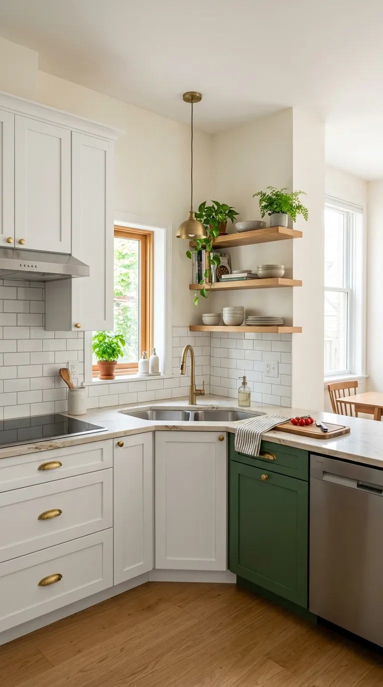 corner sink installation in small L-shaped kitchen with storage underneath