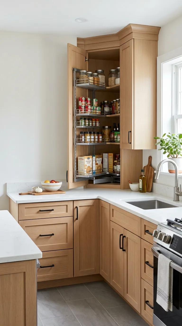 tall corner pantry cabinet in small L-shaped kitchen maximizing vertical storage