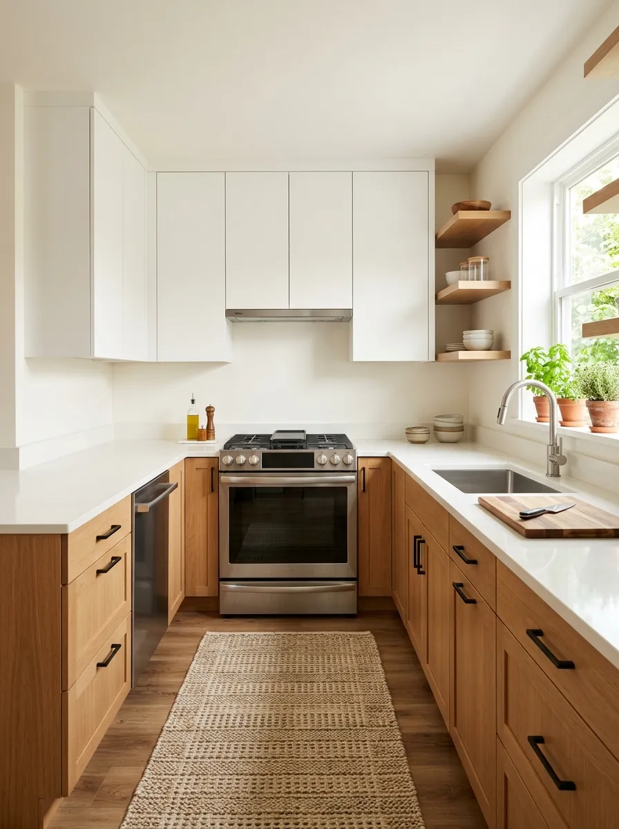 modern-small-u-shaped-kitchen-white-cabinets-green-accents-compact-design