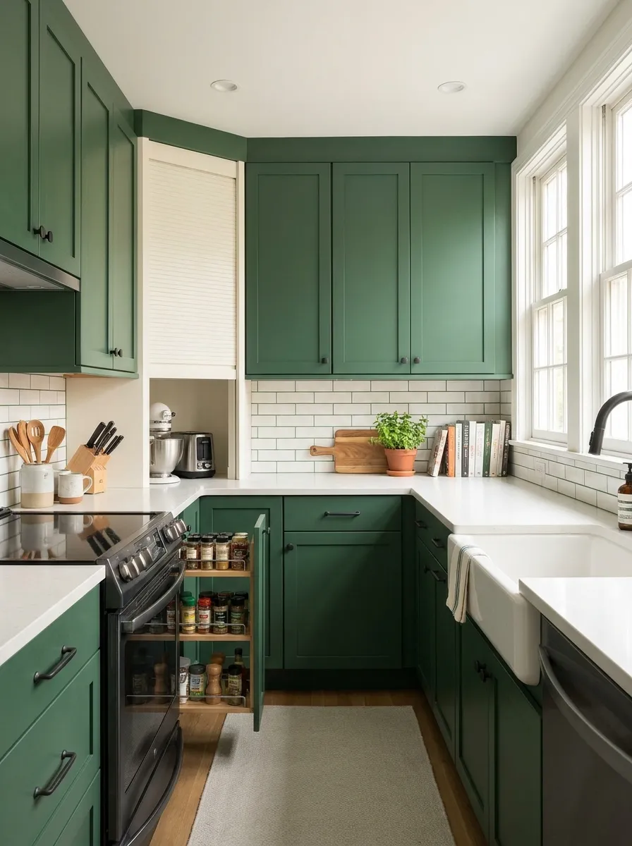 small-u-shaped-kitchen-green-lower-cabinets-white-uppers-two-tone