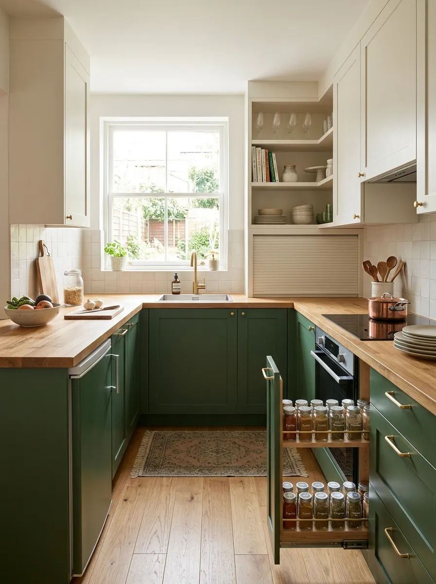 small-u-shaped-kitchen-organized-modern-white-green-efficient-storage
