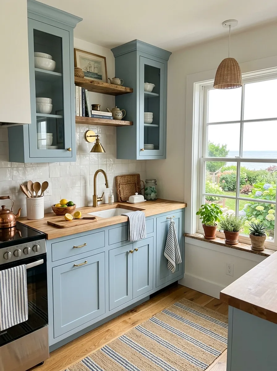 small kitchen design with coastal blue color theme
