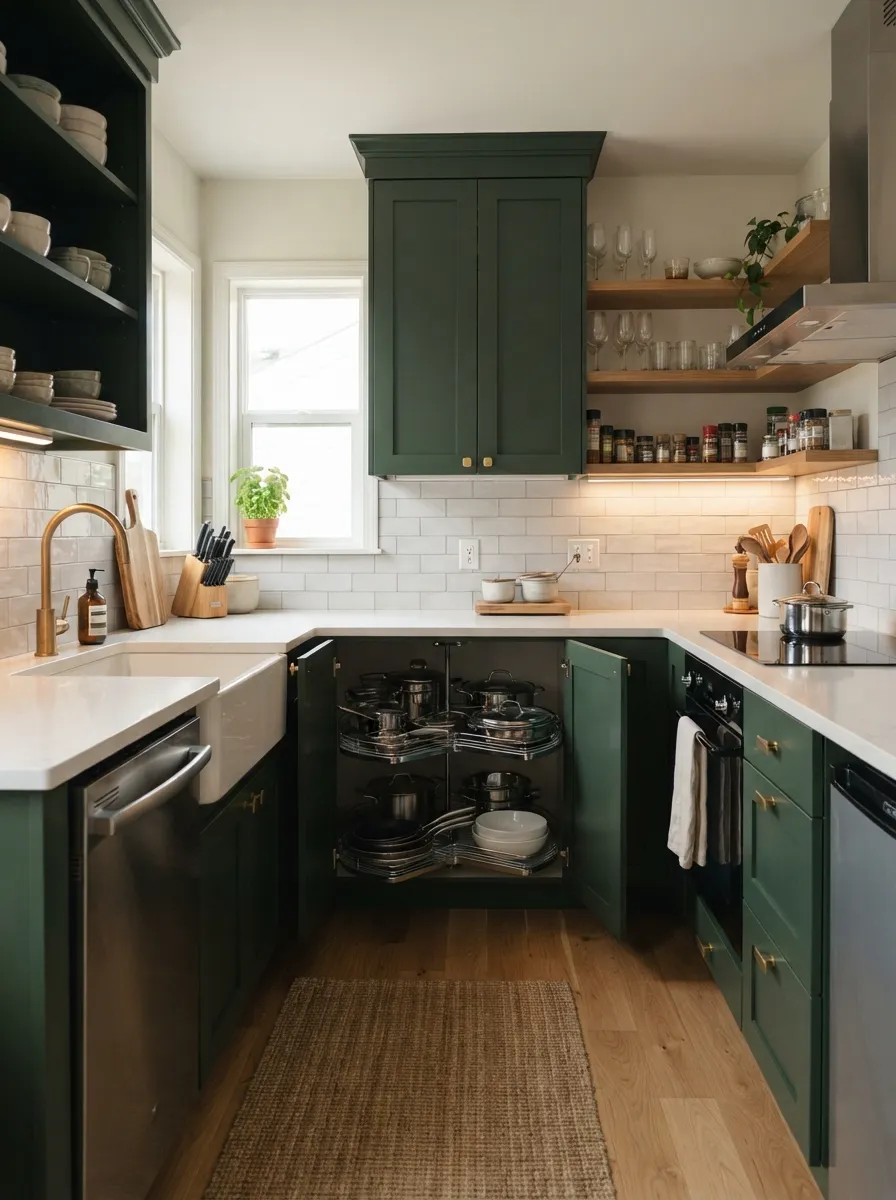 organized small kitchen corner cabinet with carousel system maximizing storage