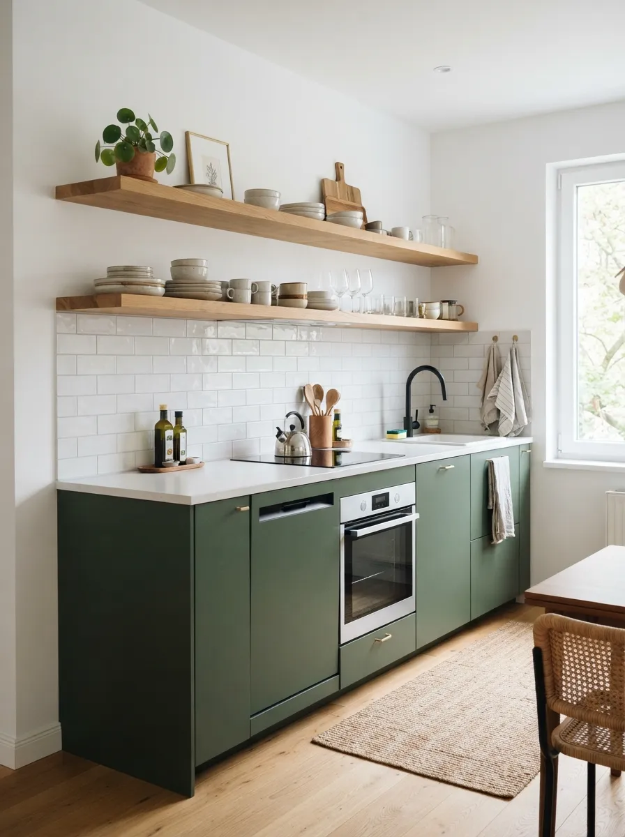 small kitchen with forest green lower cabinets and white countertops