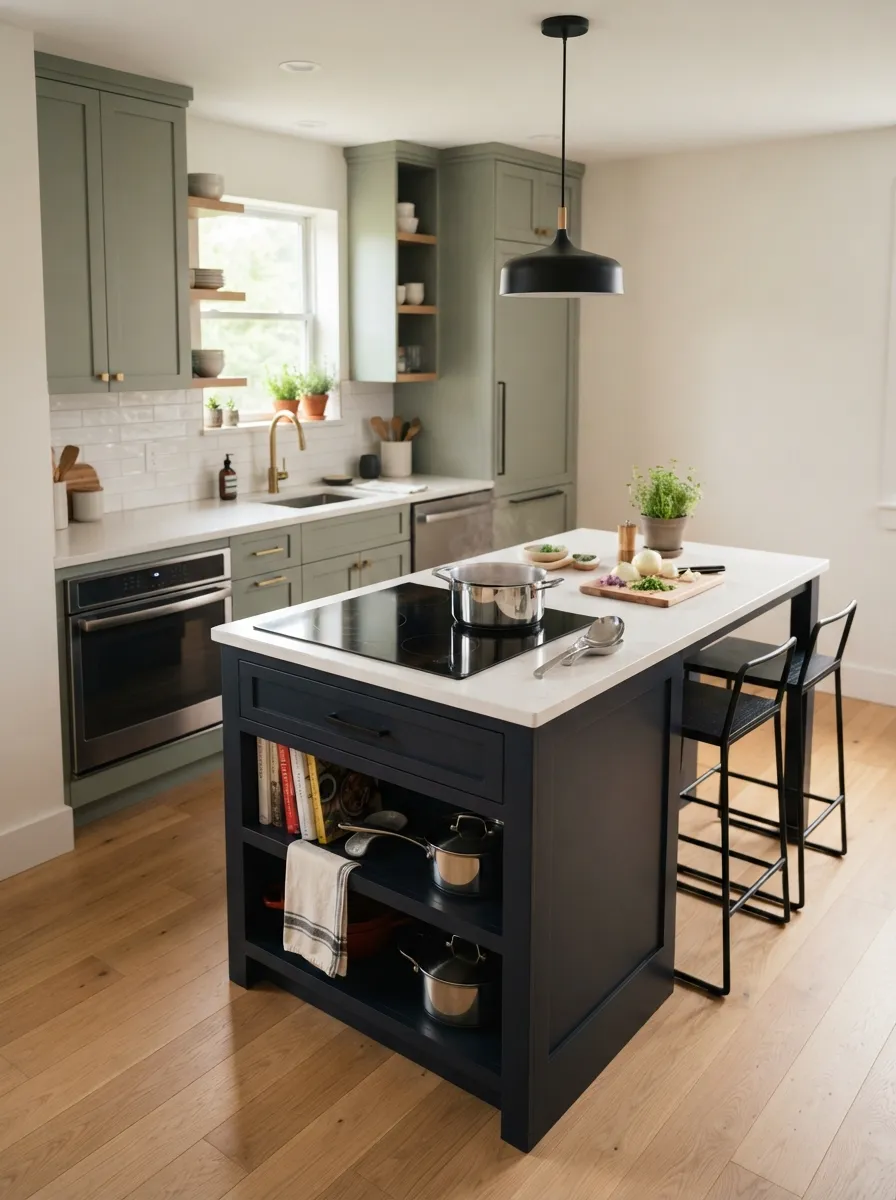 small kitchen island with built-in cooktop