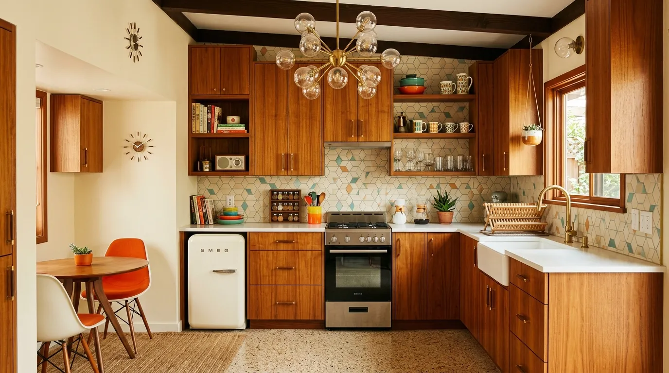 small kitchen design with mid-century modern style