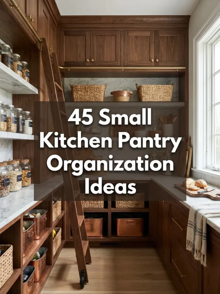 organized small kitchen pantry with glass jars, baskets and copper bins