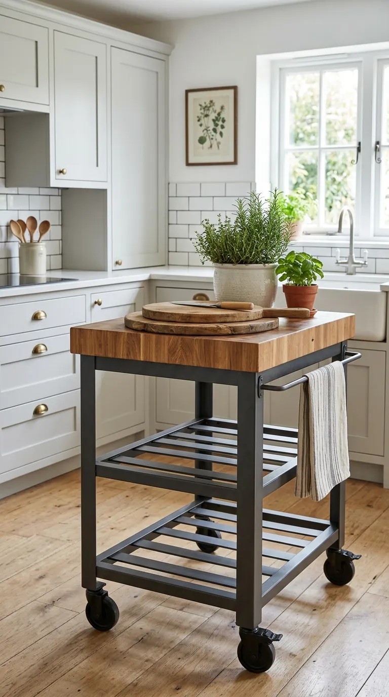 rolling corner cart providing mobile storage in small kitchen