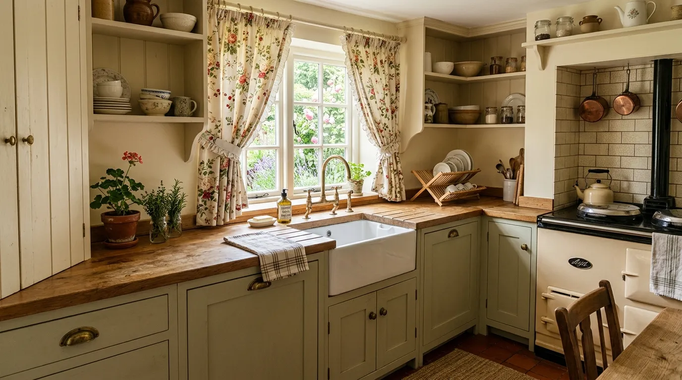 warm traditional small kitchen interior with cottage-style finishes