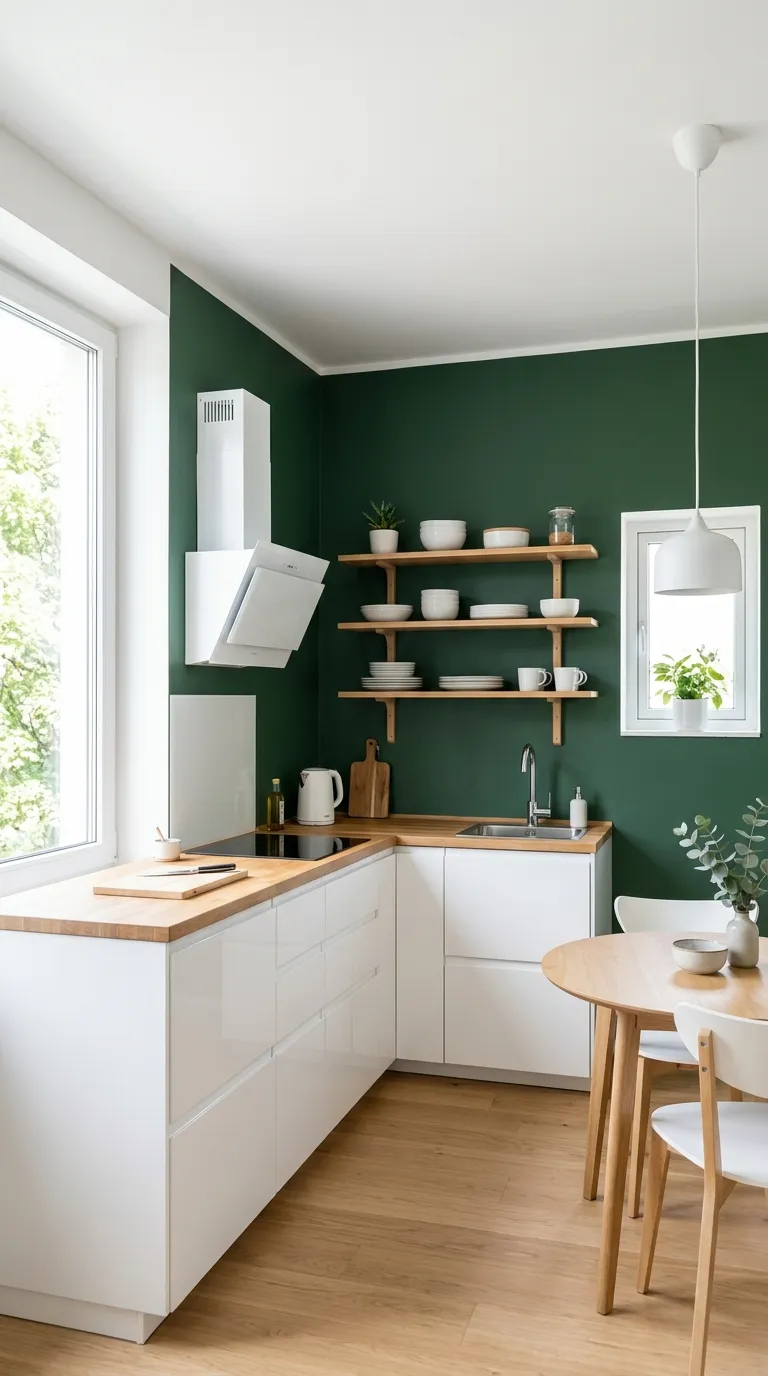 small-kitchen-white-cabinets-green-accents-cohesive-color-scheme