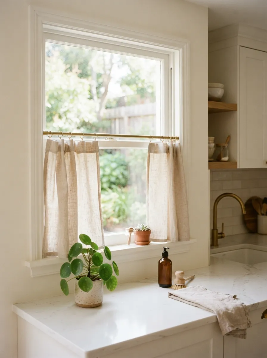 small kitchen window treatment with cafe curtains