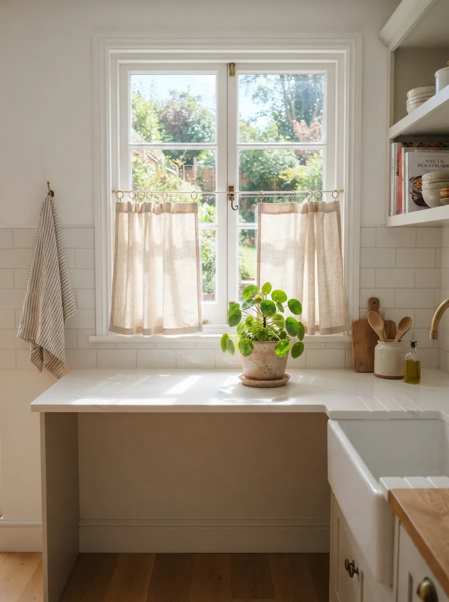 small kitchen with cafe curtain window treatment