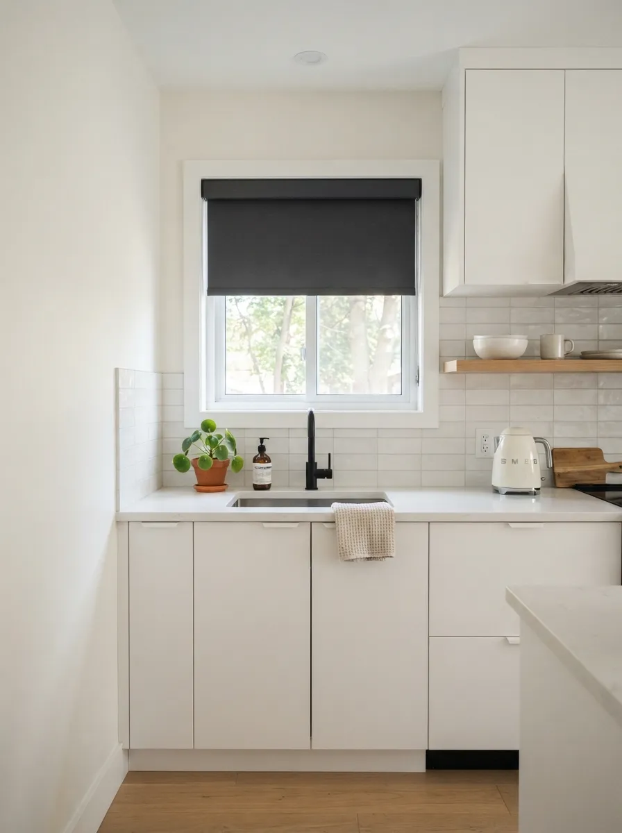 small kitchen window with roller shade treatment