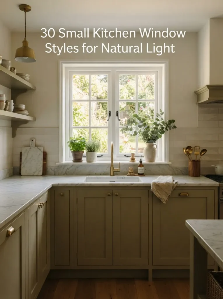 Small kitchen window with potted plants on the windowsill and greenery outside