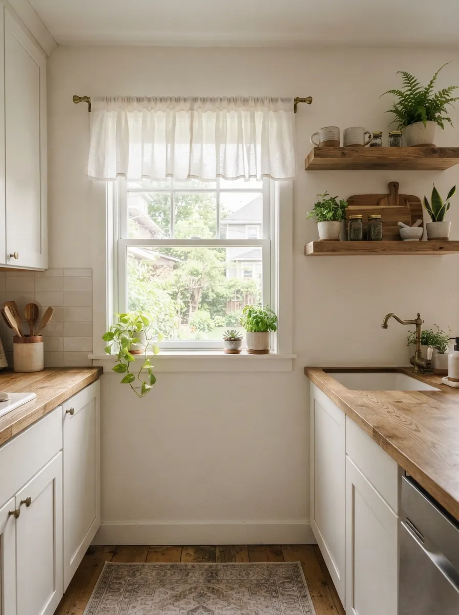 small kitchen window with valance and plants on the sill