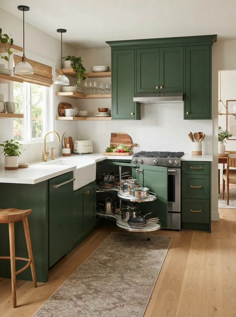 well-organized small kitchen corner showing multiple storage solutions working together