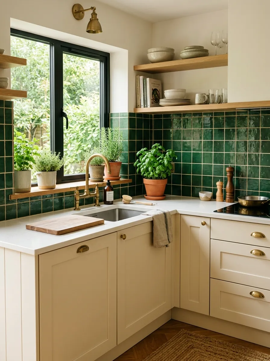 small-white-kitchen-green-tile-backsplash-accent-wall