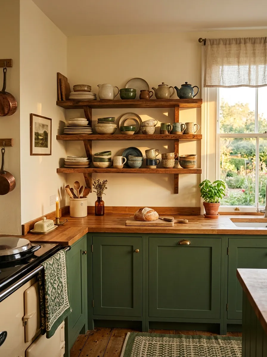 small kitchen corner with wood open shelving displaying dishes