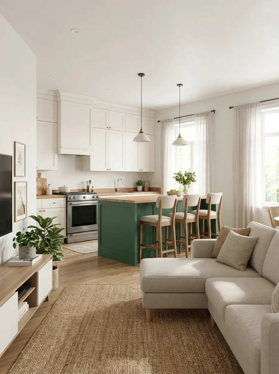 small-open-kitchen-green-island-accent-white-cabinets-modern