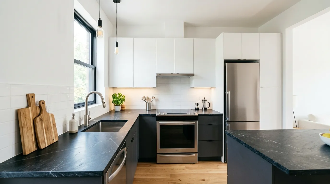 soapstone countertops in a small kitchen