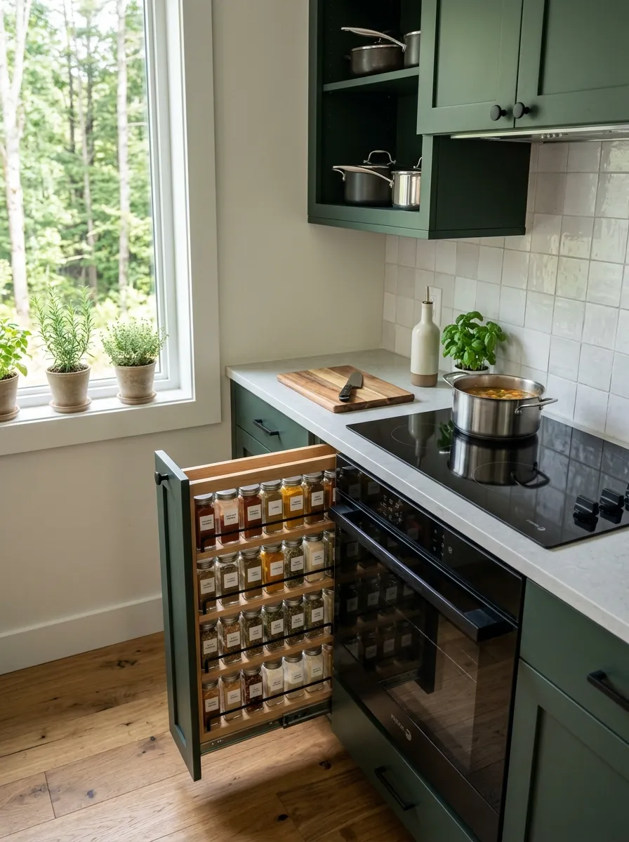 wall mounted spice rack next to stove