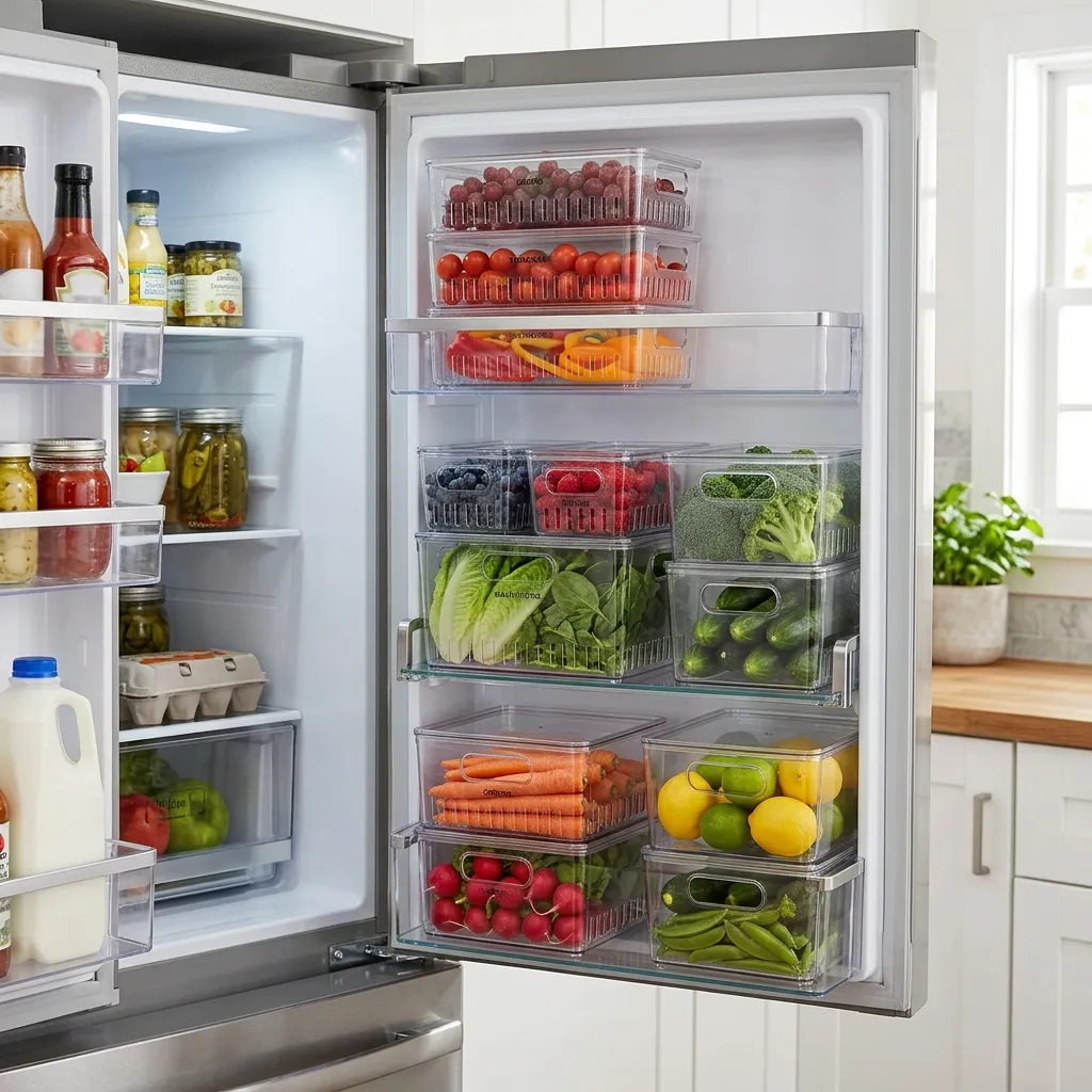 stackable clear storage bins organizing corner cabinet contents
