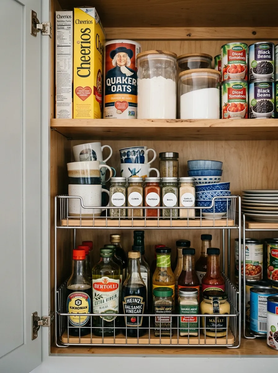 tiered shelf organizers inside corner cabinet creating multiple storage levels