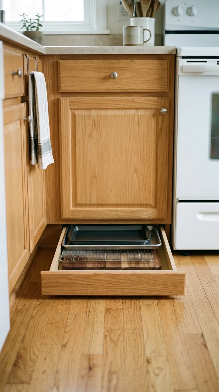 toe-kick drawers built into kitchen cabinet base for extra storage