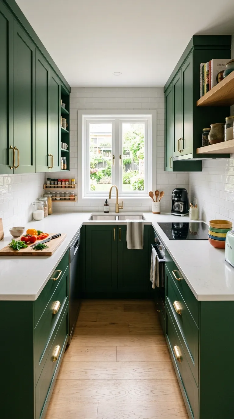 u-shaped-kitchen-green-cabinetry-wood-countertop-natural-warmth