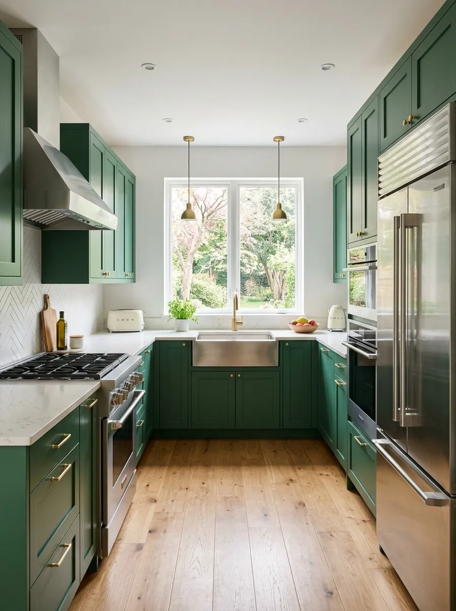 u-shaped-kitchen-forest-green-cabinets-white-countertop-modern