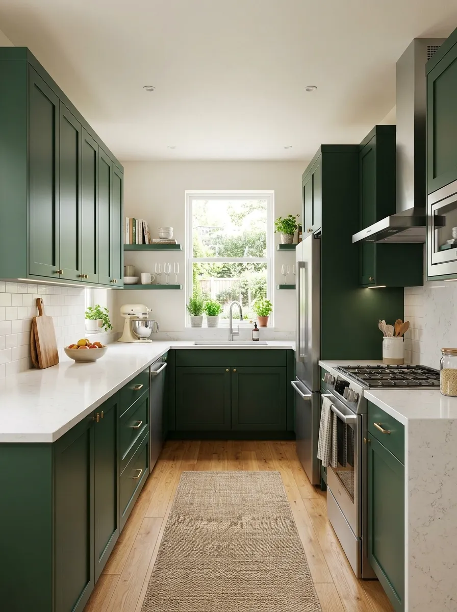 modern-u-shaped-kitchen-green-cabinets-white-countertop-contemporary