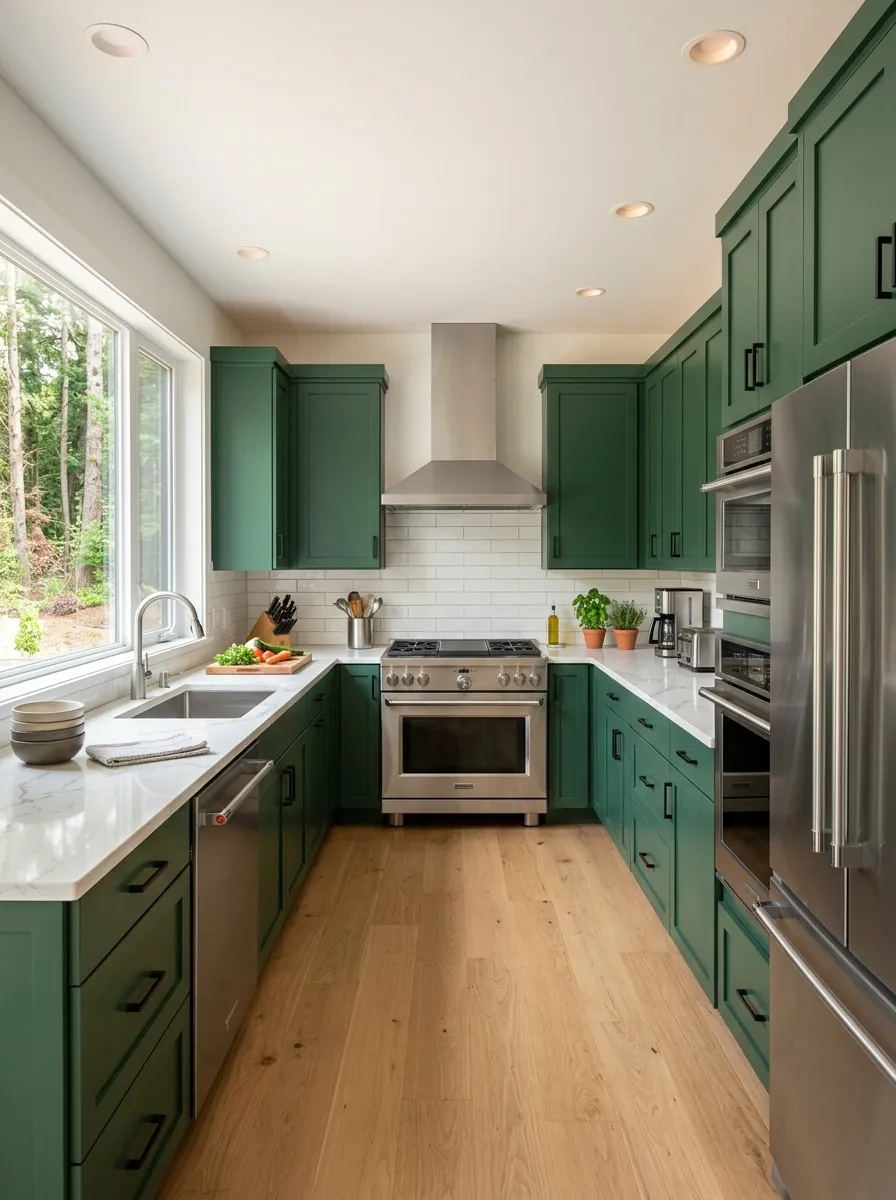 u-shaped-kitchen-green-lower-cabinets-white-upper-two-tone-design