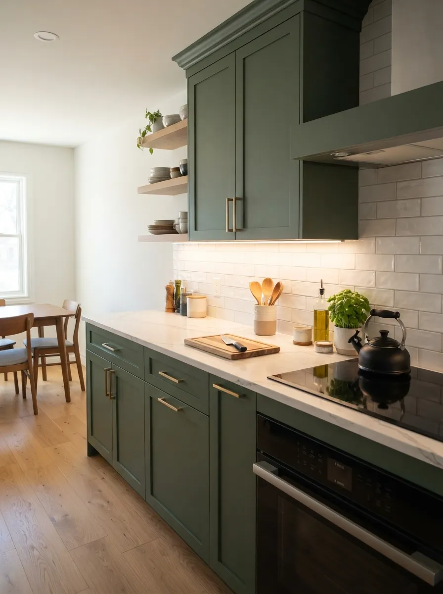under cabinet LED lights forest green small kitchen