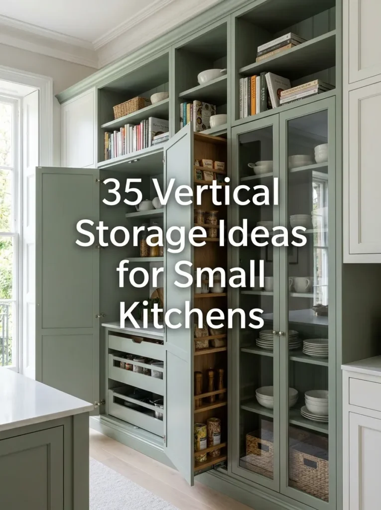 Green cabinet kitchen with tall vertical shelving and storage