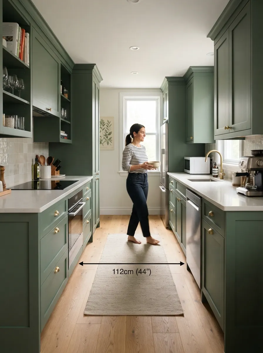 walkway clearance width small galley kitchen ergonomics