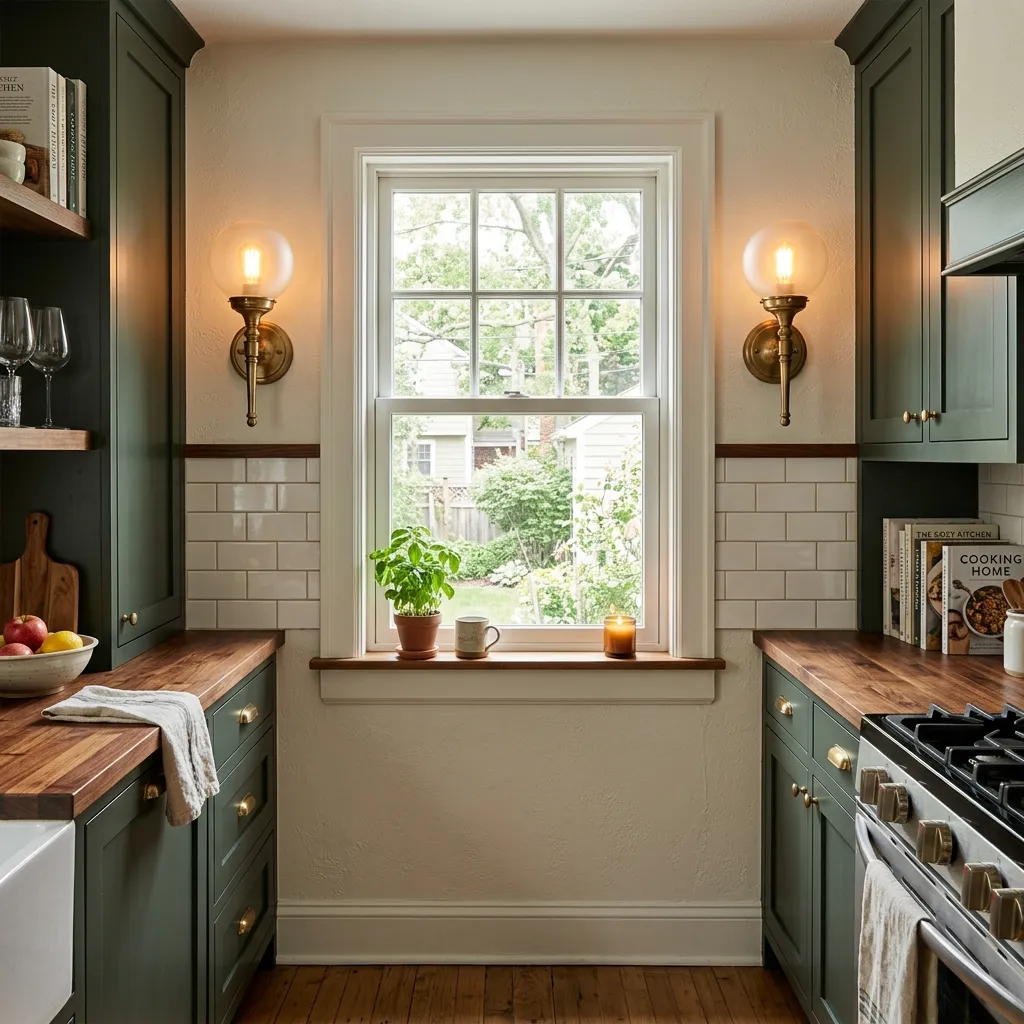 wall sconces flanking a small kitchen window