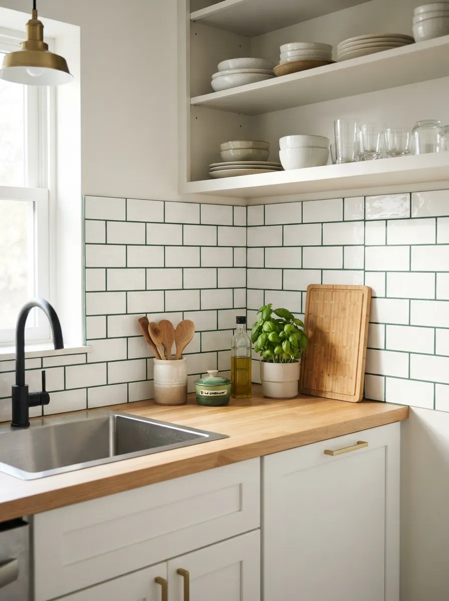 white subway tile backsplash in a small kitchen with green cabinetry
