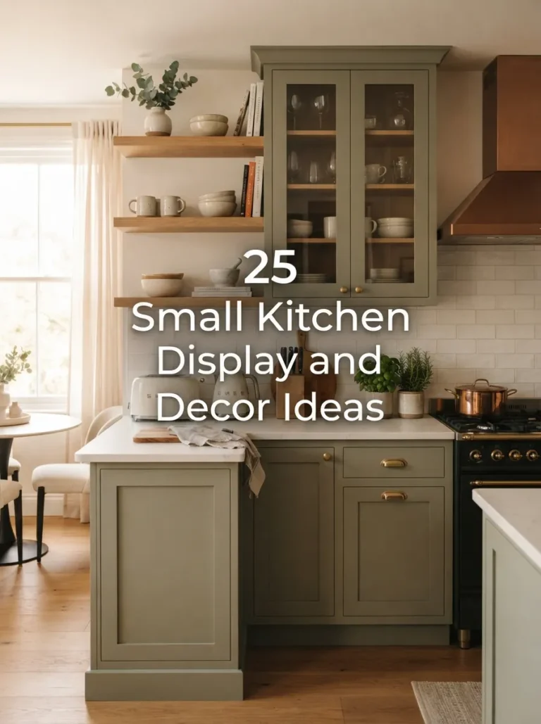 Small kitchen with open shelves, glass-front cabinets, mugs and bowls on display